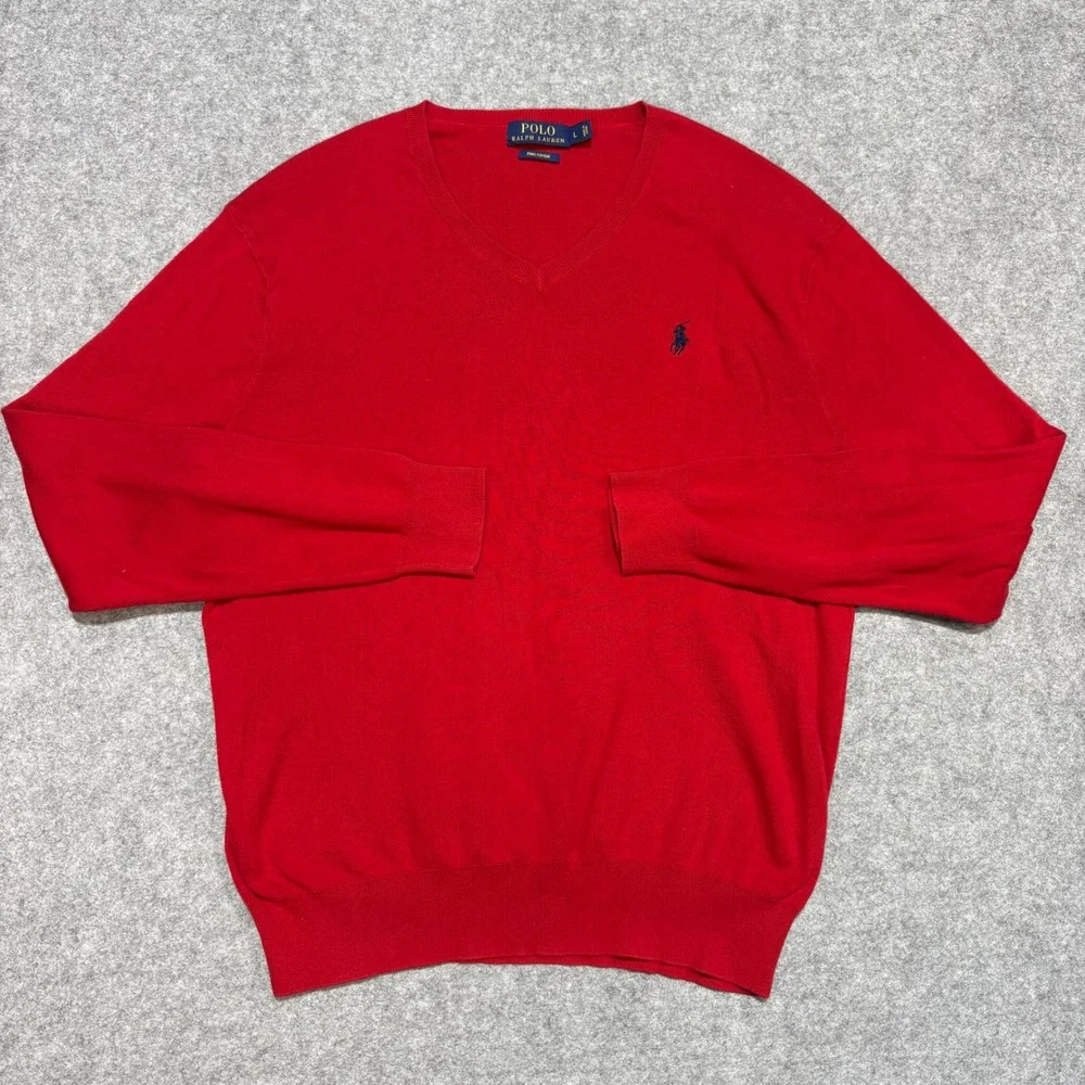 Polo Ralph Lauren Red Pima Cotton V-Neck Sweater Mens Large Navy Pony Logo